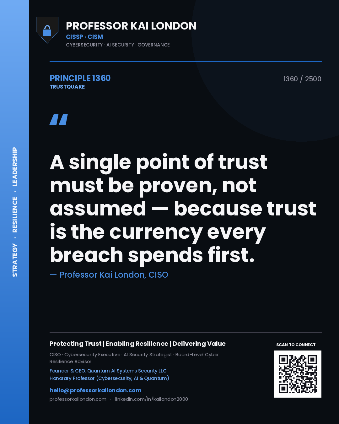 Quote card by Professor Kai London reading 'A single point of trust must be proven, not assumed — because trust is the currency every breach spends first.'. From the book Trustquake.