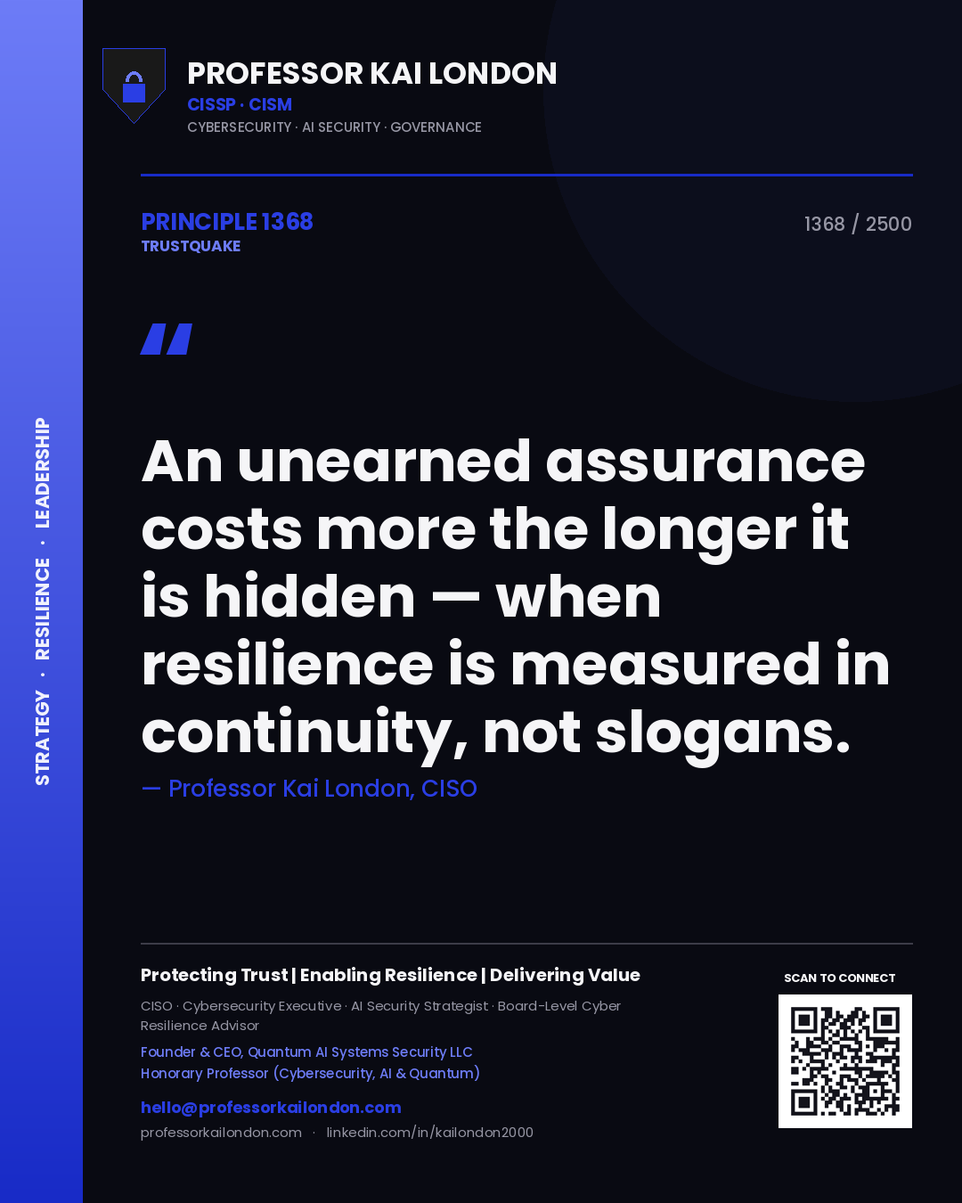Quote card by Professor Kai London reading 'An unearned assurance costs more the longer it is hidden — when resilience is measured in continuity, not slogans.'. From the book Trustquake.