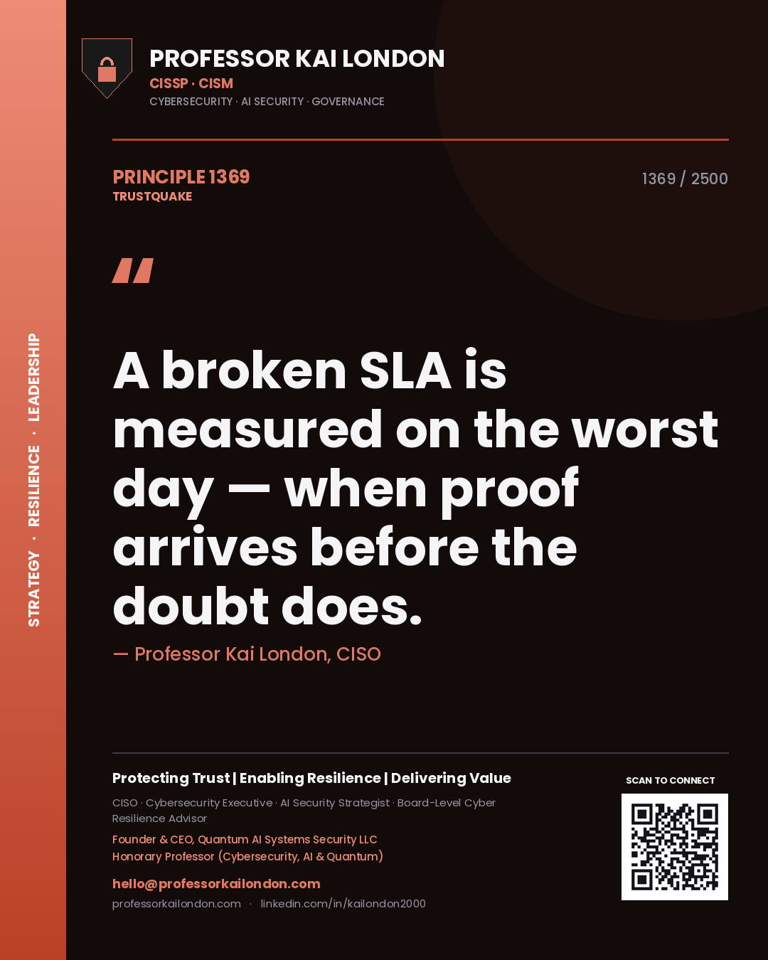 Quote card by Professor Kai London reading 'A broken SLA is measured on the worst day — when proof arrives before the doubt does.'. From the book Trustquake.