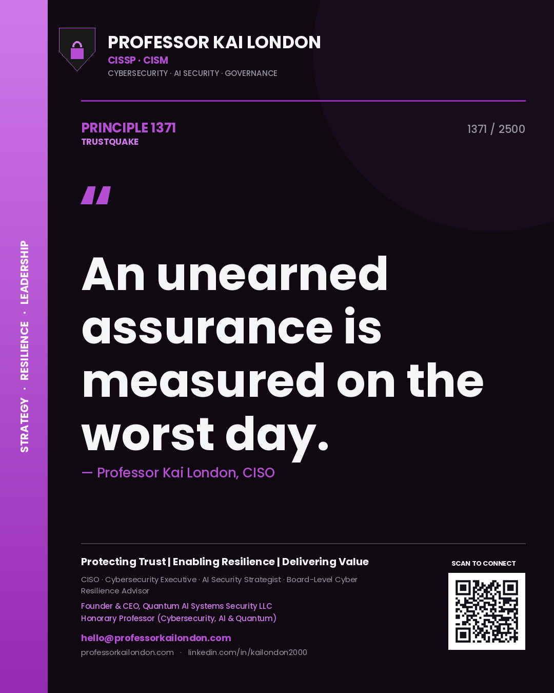 Quote card by Professor Kai London reading 'An unearned assurance is measured on the worst day.'. From the book Trustquake.