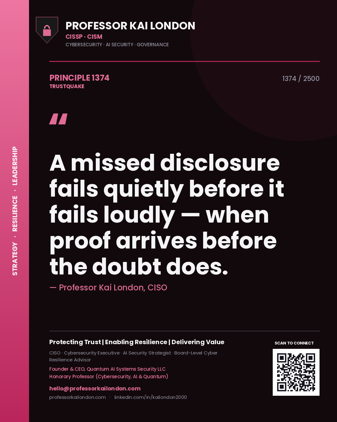 Quote card by Professor Kai London reading 'A missed disclosure fails quietly before it fails loudly — when proof arrives before the doubt does.'. From the book Trustquake.