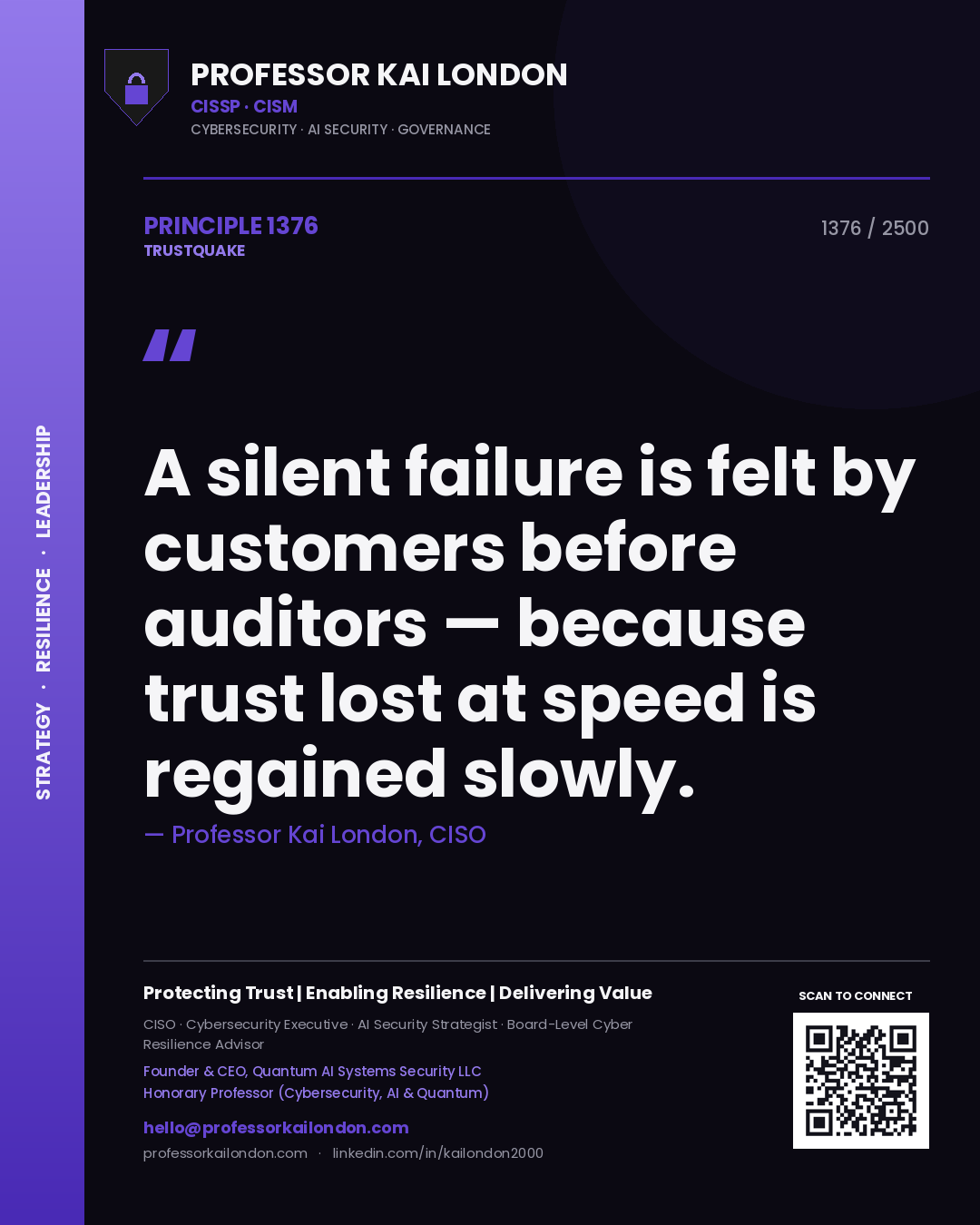 Quote card by Professor Kai London reading 'A silent failure is felt by customers before auditors — because trust lost at speed is regained slowly.'. From the book Trustquake.