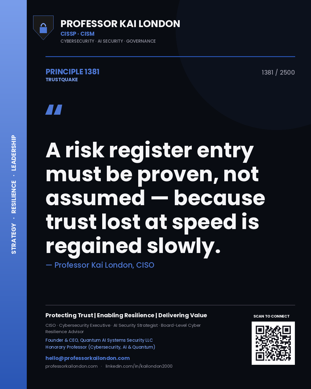 Quote card by Professor Kai London reading 'A risk register entry must be proven, not assumed — because trust lost at speed is regained slowly.'. From the book Trustquake.