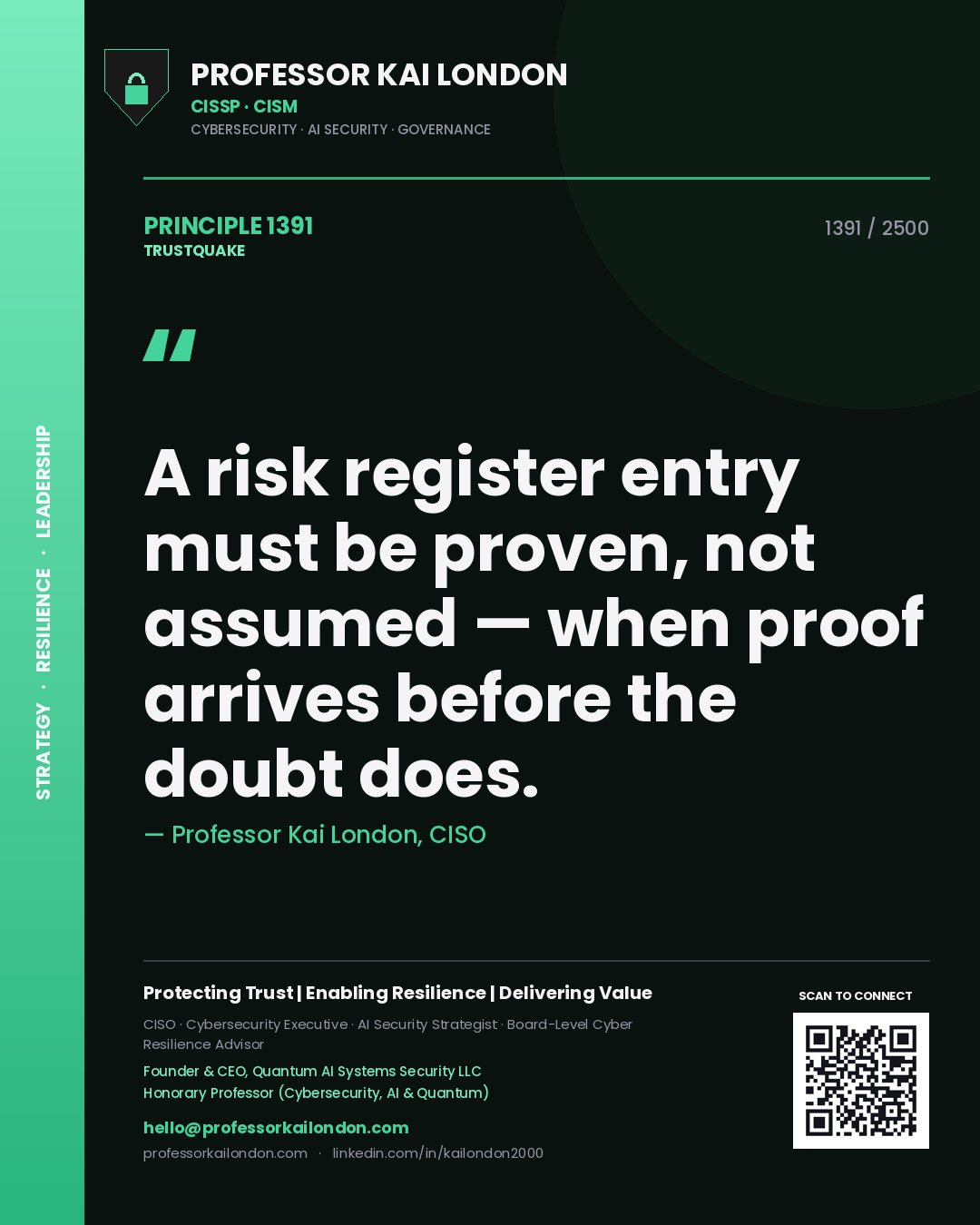 Quote card by Professor Kai London reading 'A risk register entry must be proven, not assumed — when proof arrives before the doubt does.'. From the book Trustquake.