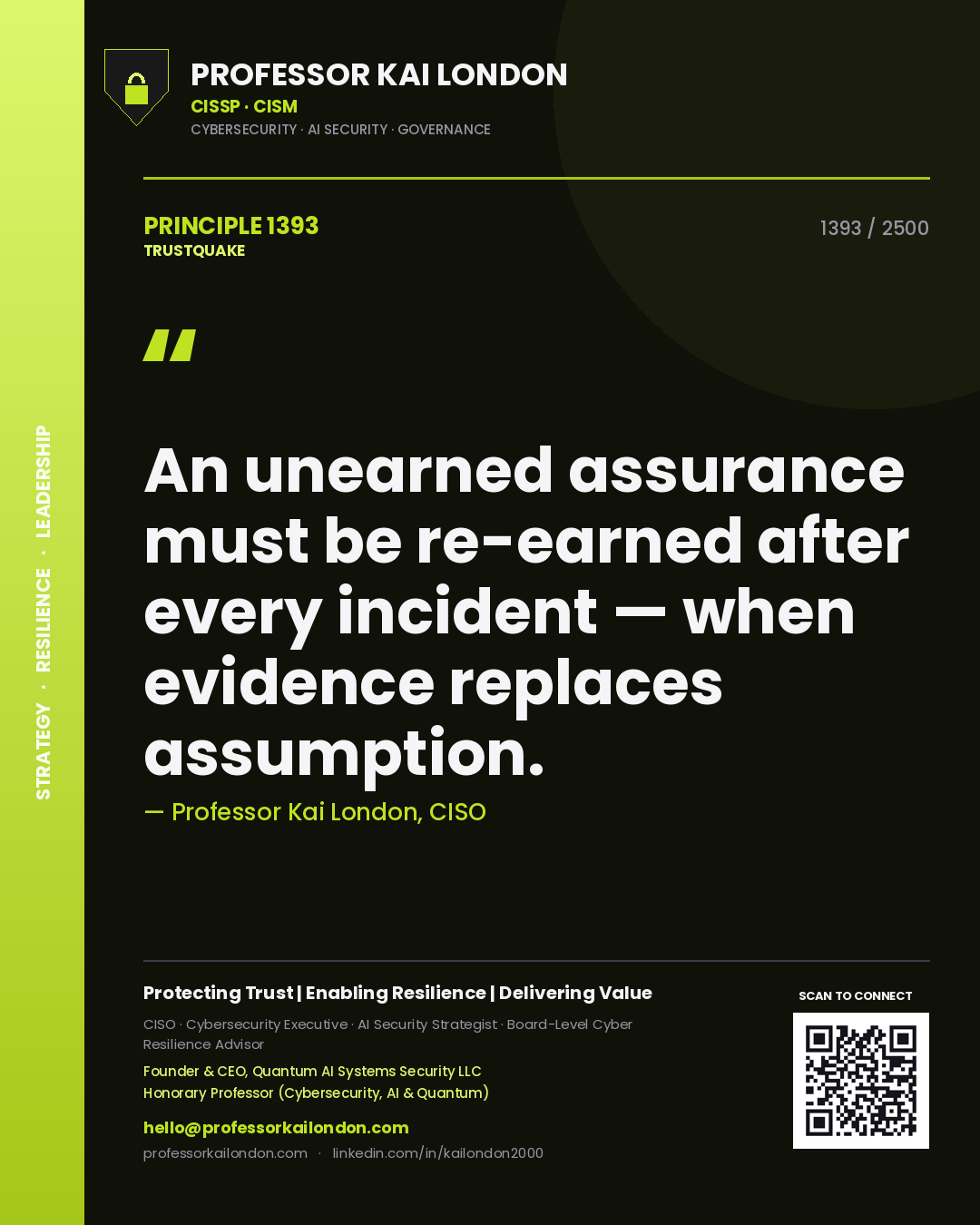 Quote card by Professor Kai London reading 'An unearned assurance must be re-earned after every incident — when evidence replaces assumption.'. From the book Trustquake.