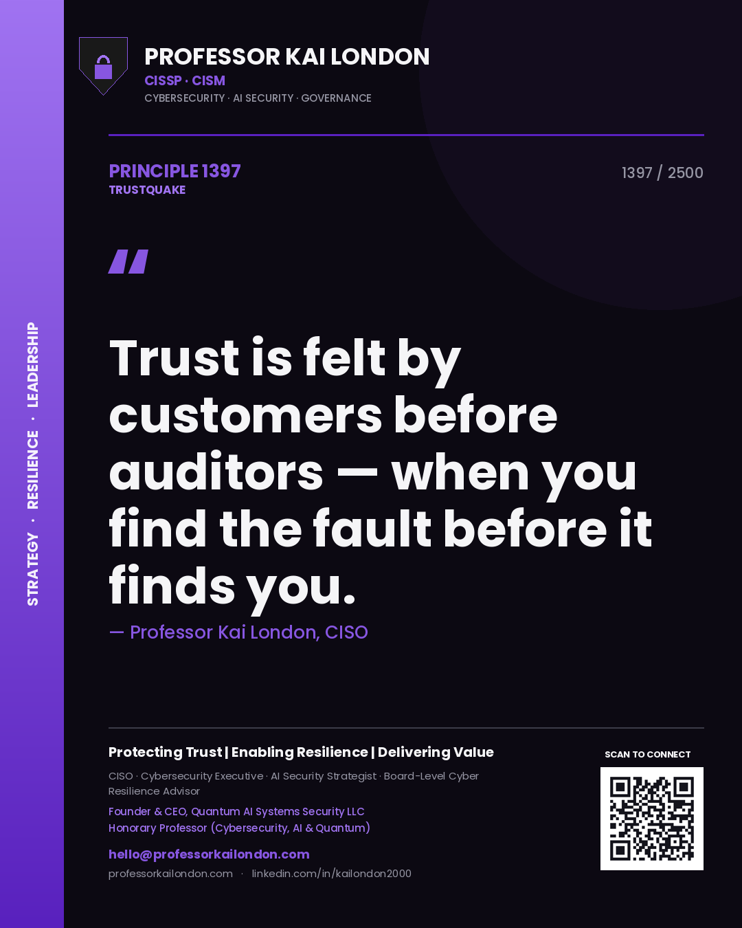 Professor Kai London principle 1397: Trust is felt by customers before auditors — when you find the fault before it finds you.