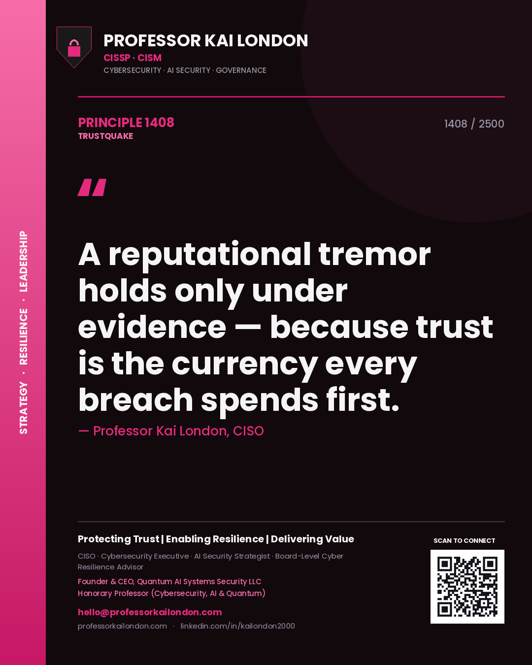 Quote card by Professor Kai London reading 'A reputational tremor holds only under evidence — because trust is the currency every breach spends first.'. From the book Trustquake.