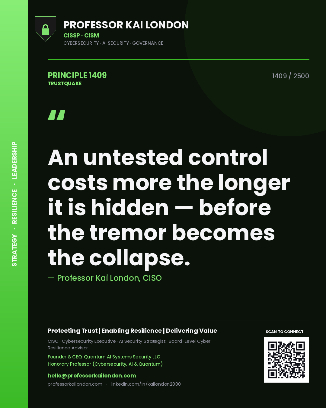 Quote card by Professor Kai London reading 'An untested control costs more the longer it is hidden — before the tremor becomes the collapse.'. From the book Trustquake.