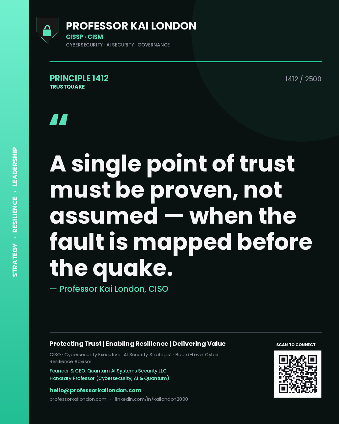 Quote card by Professor Kai London reading 'A single point of trust must be proven, not assumed — when the fault is mapped before the quake.'. From the book Trustquake.
