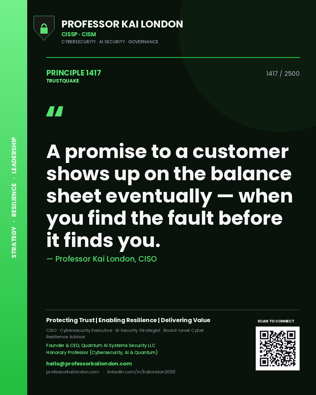 Quote card by Professor Kai London reading 'A promise to a customer shows up on the balance sheet eventually — when you find the fault before it finds you.'. From the book Trustquake.