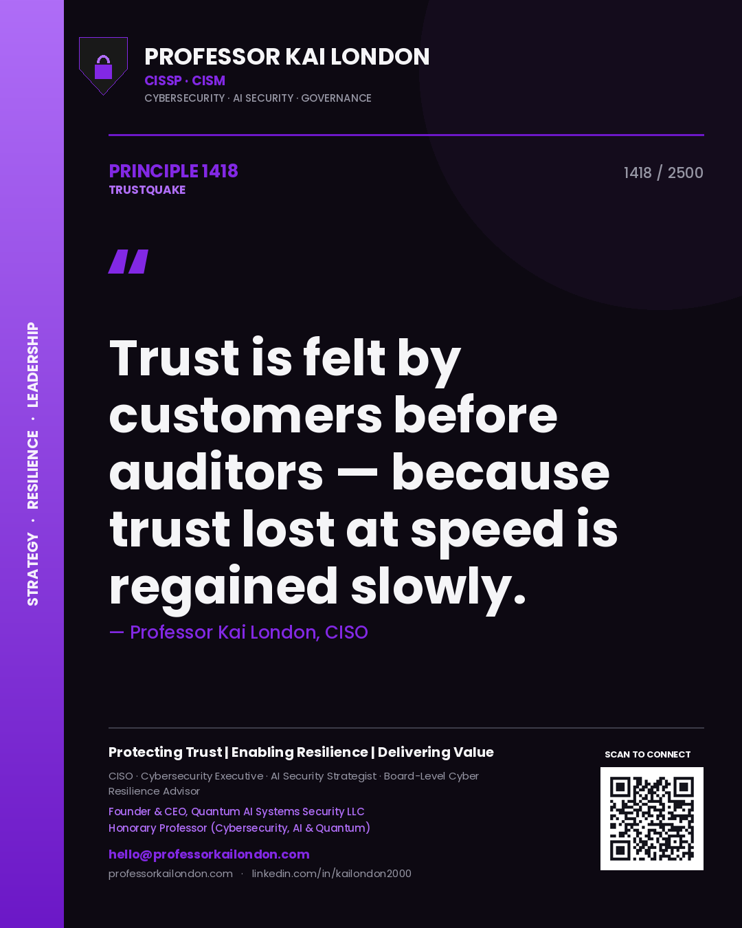 Quote card by Professor Kai London reading 'Trust is felt by customers before auditors — because trust lost at speed is regained slowly.'. From the book Trustquake.