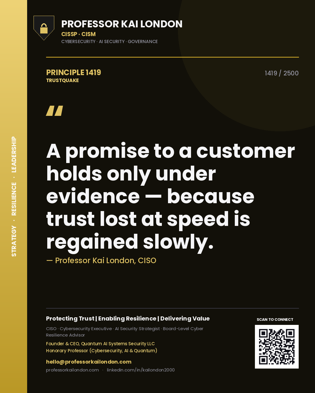 Quote card by Professor Kai London reading 'A promise to a customer holds only under evidence — because trust lost at speed is regained slowly.'. From the book Trustquake.