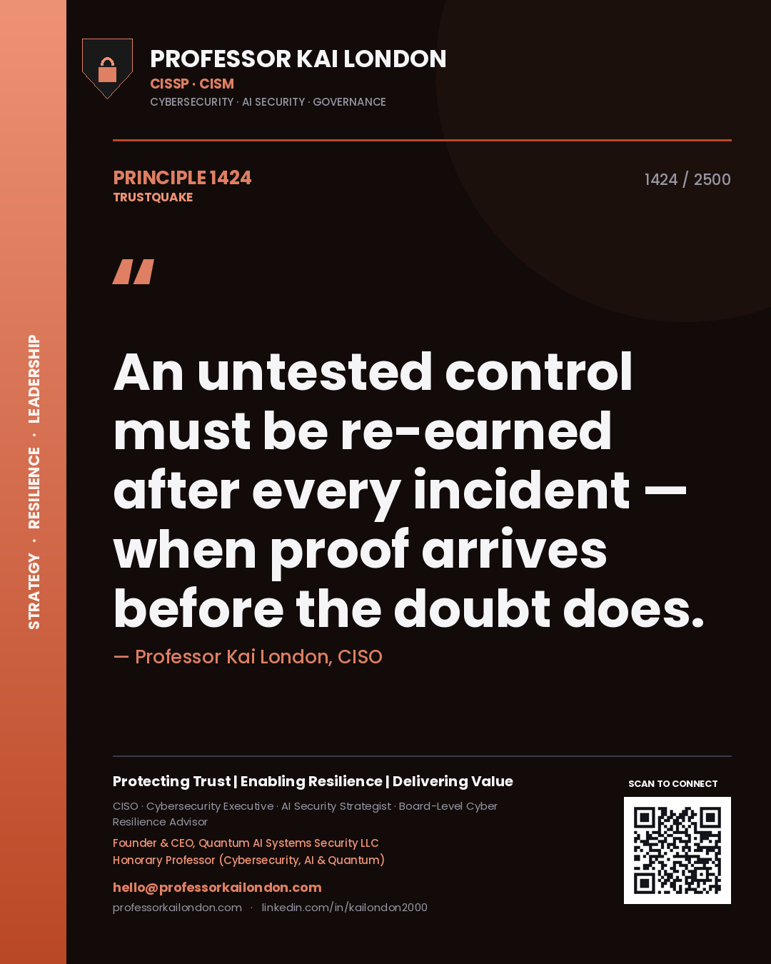 Quote card by Professor Kai London reading 'An untested control must be re-earned after every incident — when proof arrives before the doubt does.'. From the book Trustquake.