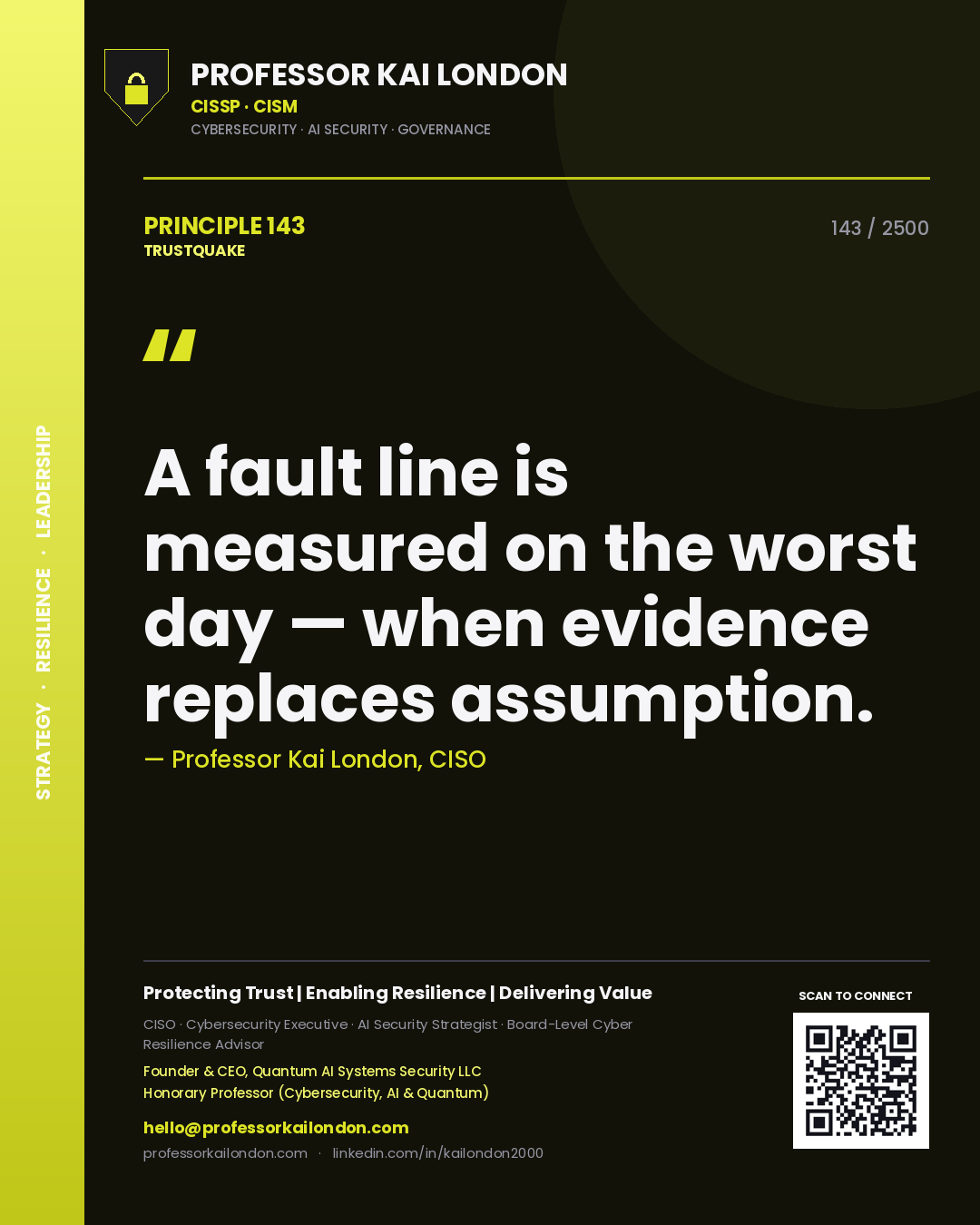 Quote card by Professor Kai London reading 'A fault line is measured on the worst day — when evidence replaces assumption.'. From the book Trustquake.