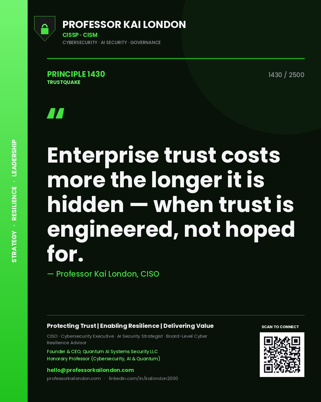 Quote card by Professor Kai London reading 'Enterprise trust costs more the longer it is hidden — when trust is engineered, not hoped for.'. From the book Trustquake.