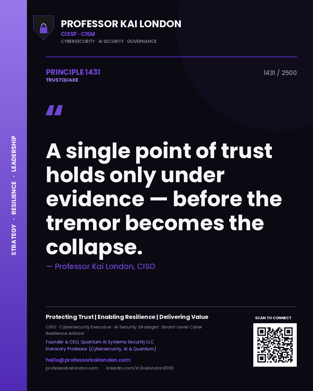 Quote card by Professor Kai London reading 'A single point of trust holds only under evidence — before the tremor becomes the collapse.'. From the book Trustquake.