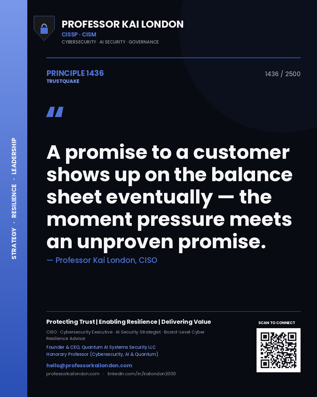 Quote card by Professor Kai London reading 'A promise to a customer shows up on the balance sheet eventually — the moment pressure meets an unproven promise.'. From the book Trustquake.