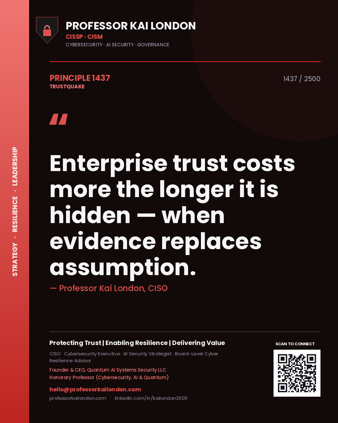 Quote card by Professor Kai London reading 'Enterprise trust costs more the longer it is hidden — when evidence replaces assumption.'. From the book Trustquake.