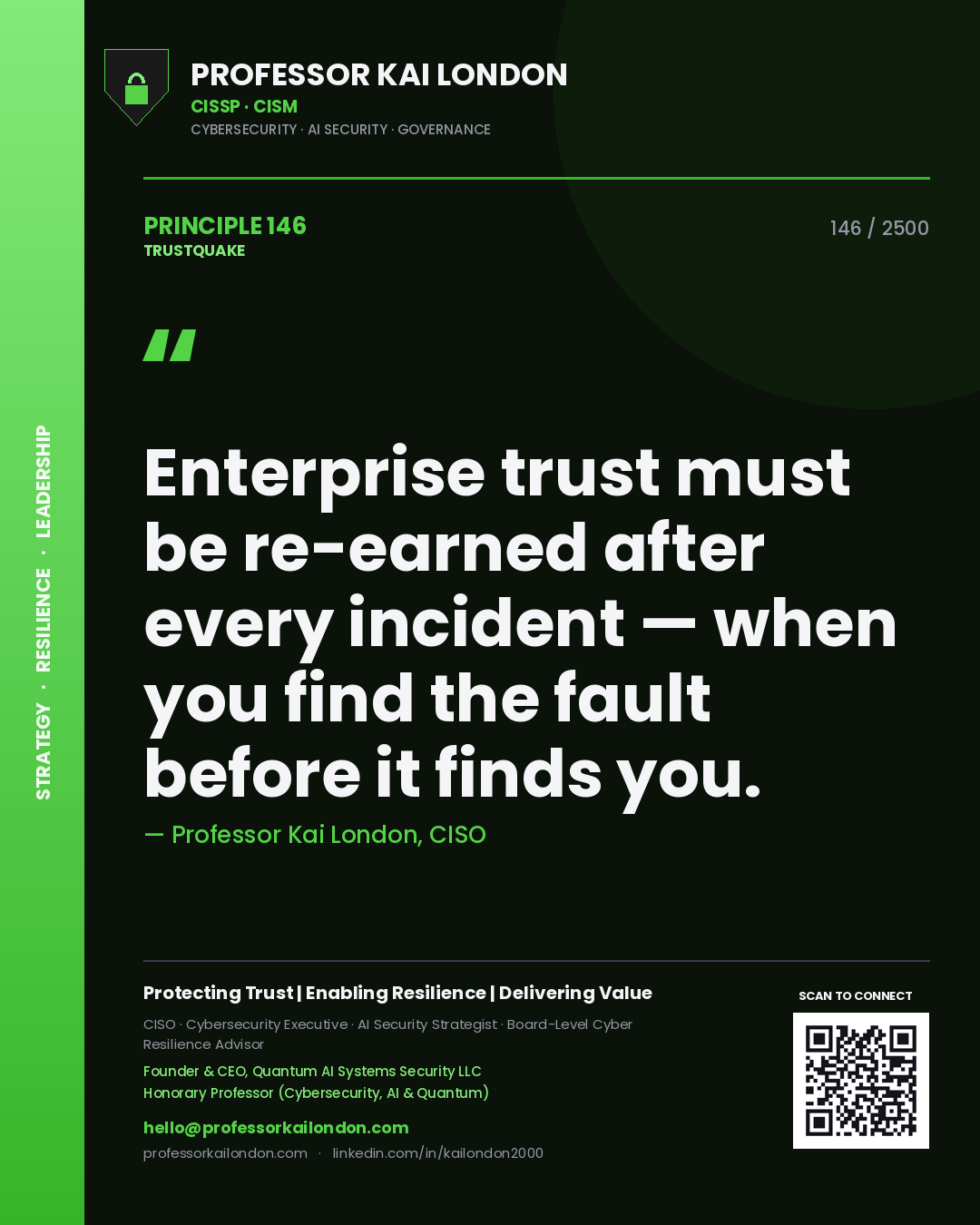Quote card by Professor Kai London reading 'Enterprise trust must be re-earned after every incident — when you find the fault before it finds you.'. From the book Trustquake.