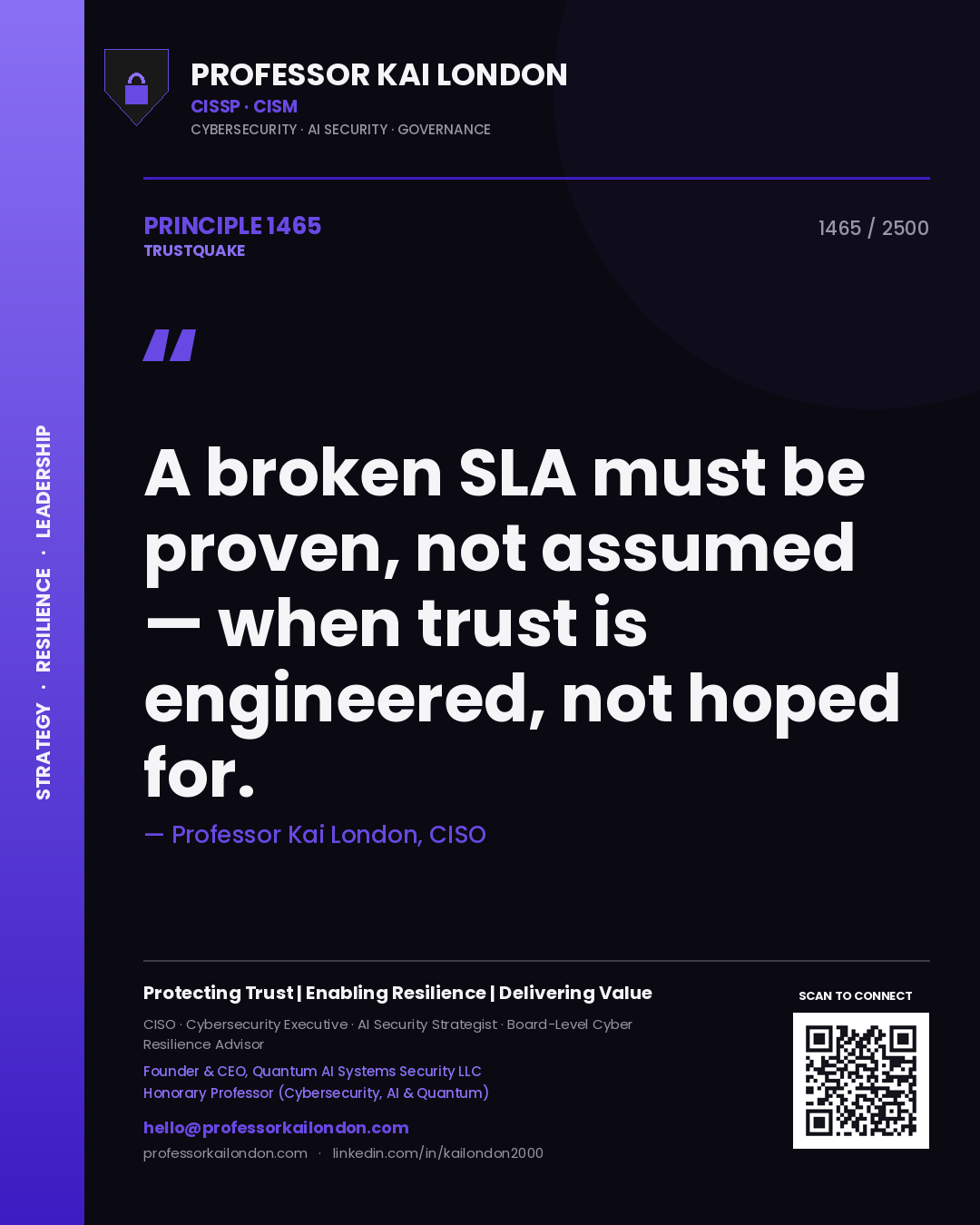 Quote card by Professor Kai London reading 'A broken SLA must be proven, not assumed — when trust is engineered, not hoped for.'. From the book Trustquake.