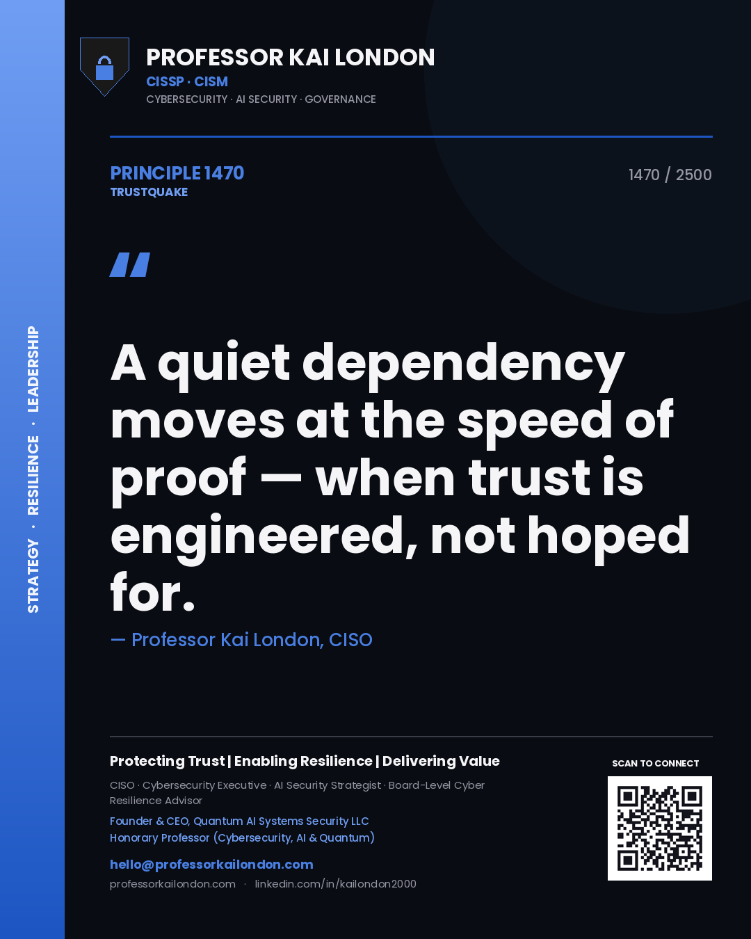 Quote card by Professor Kai London reading 'A quiet dependency moves at the speed of proof — when trust is engineered, not hoped for.'. From the book Trustquake.