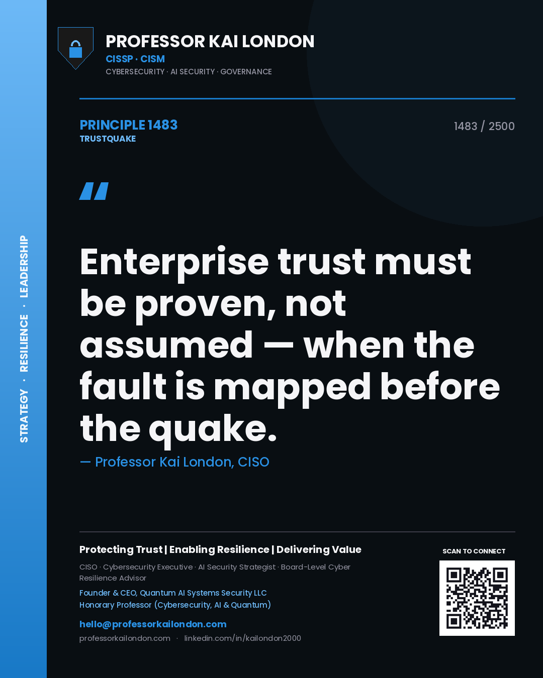 Quote card by Professor Kai London reading 'Enterprise trust must be proven, not assumed — when the fault is mapped before the quake.'. From the book Trustquake.
