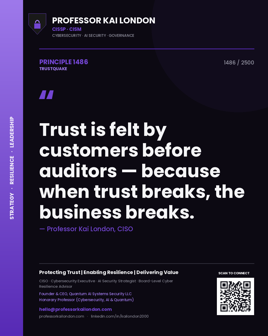 Quote card by Professor Kai London reading 'Trust is felt by customers before auditors — because when trust breaks, the business breaks.'. From the book Trustquake.