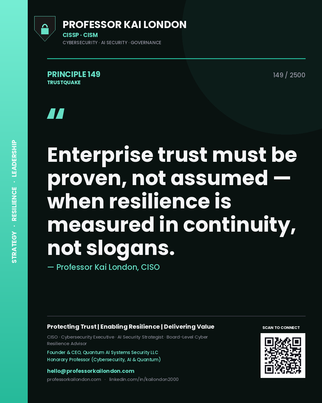 Quote card by Professor Kai London reading 'Enterprise trust must be proven, not assumed — when resilience is measured in continuity, not slogans.'. From the book Trustquake.