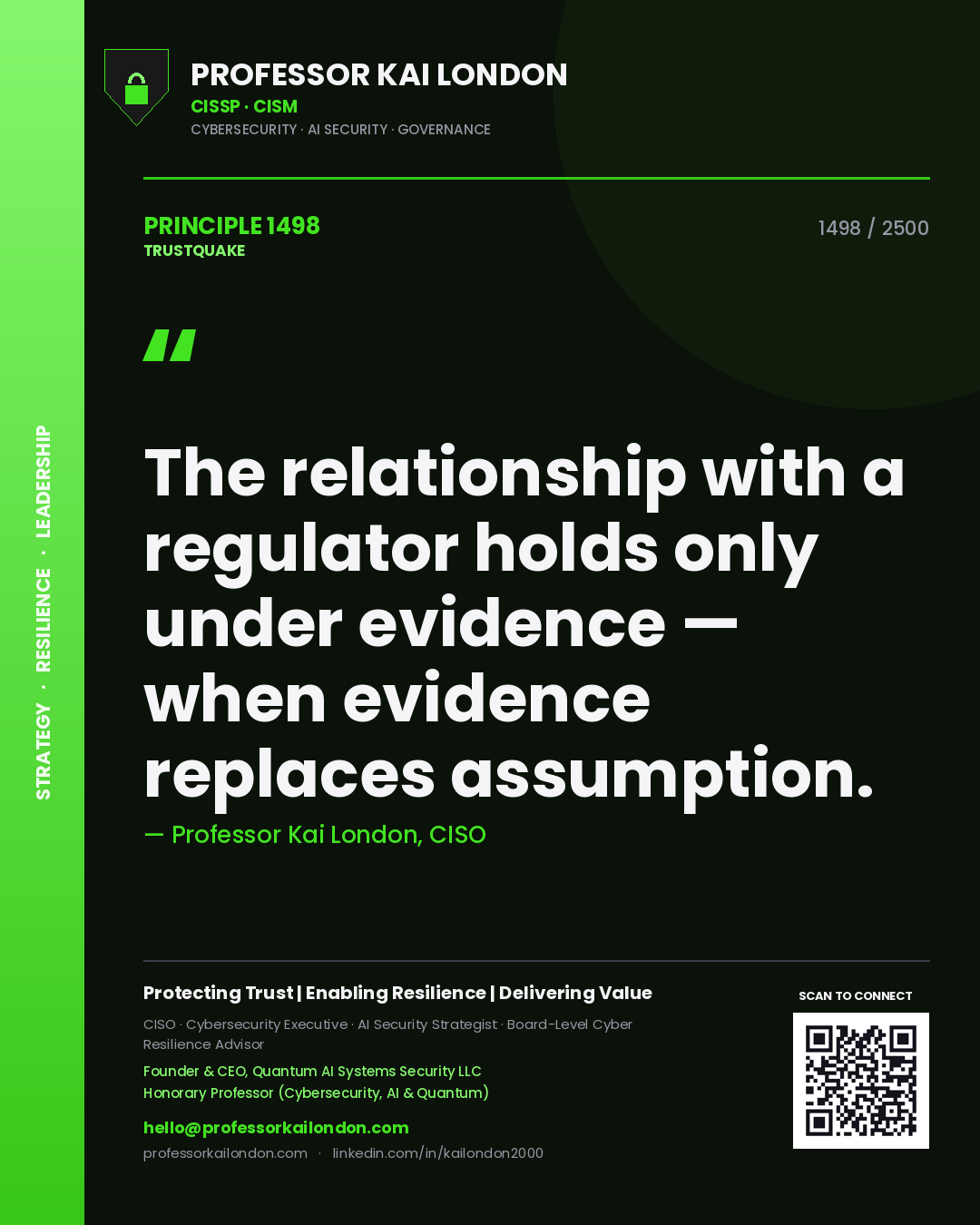 Quote card by Professor Kai London reading 'The relationship with a regulator holds only under evidence — when evidence replaces assumption.'. From the book Trustquake.