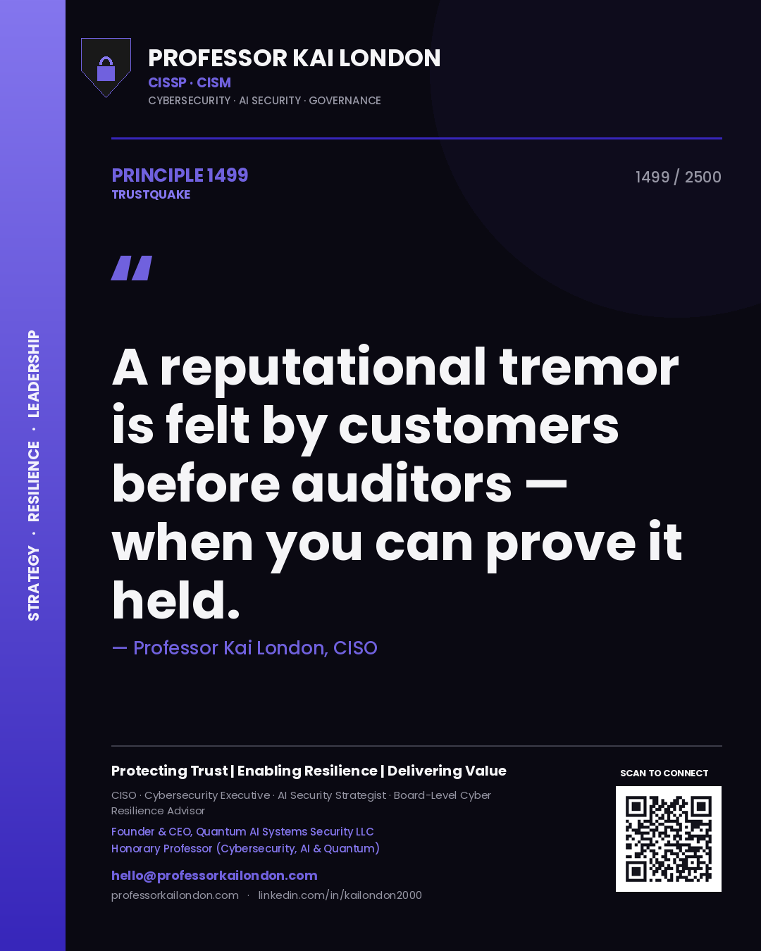 Quote card by Professor Kai London reading 'A reputational tremor is felt by customers before auditors — when you can prove it held.'. From the book Trustquake.