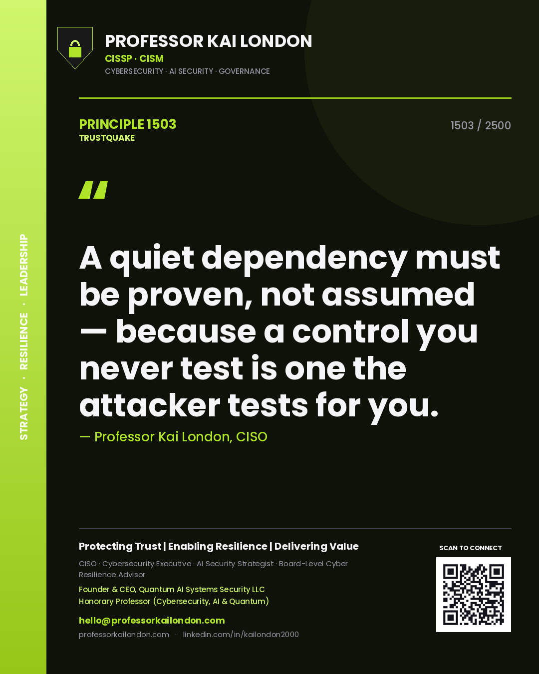 Quote card by Professor Kai London reading 'A quiet dependency must be proven, not assumed — because a control you never test is one the attacker tests for you.'. From the book Trustquake.