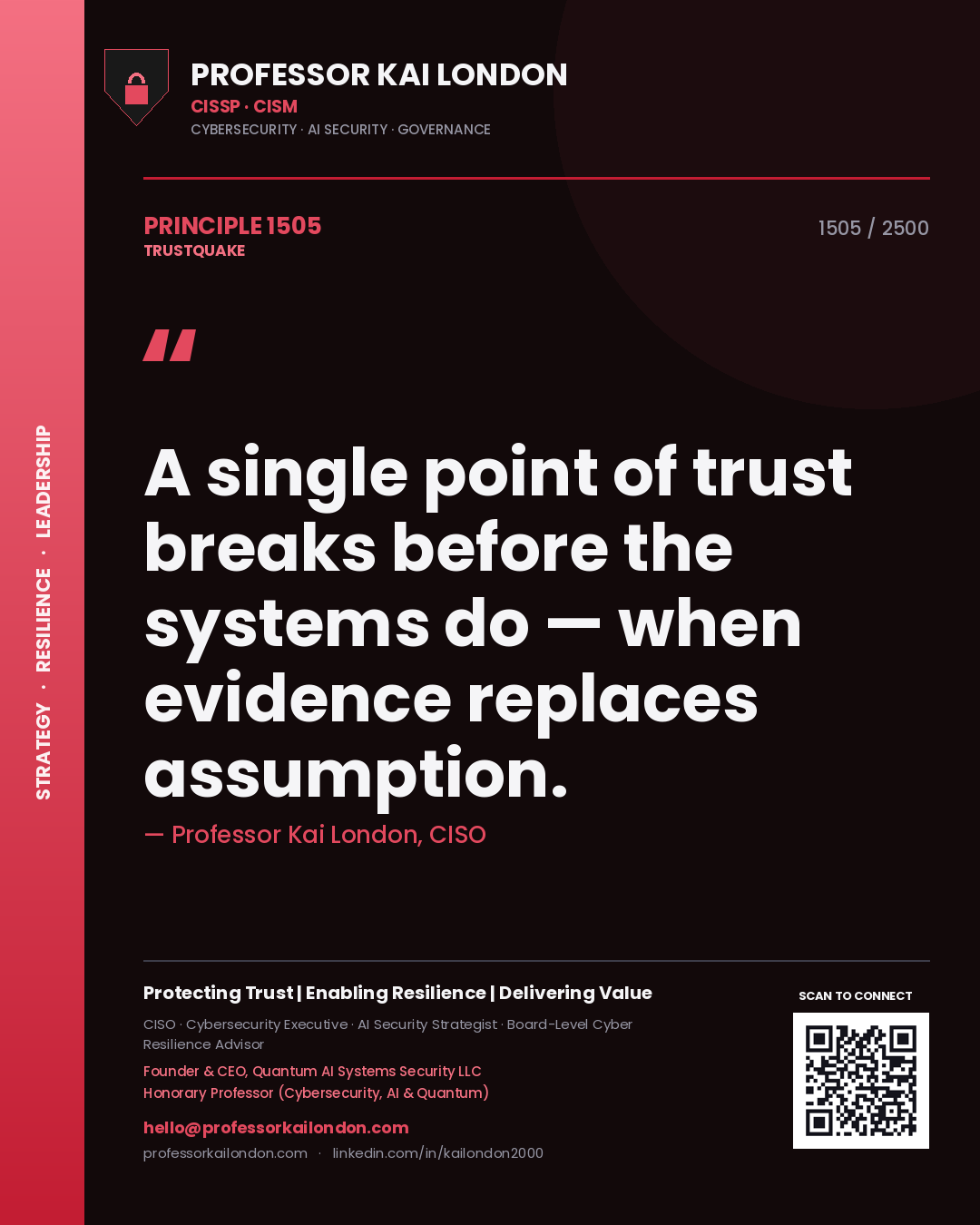 Quote card by Professor Kai London reading 'A single point of trust breaks before the systems do — when evidence replaces assumption.'. From the book Trustquake.