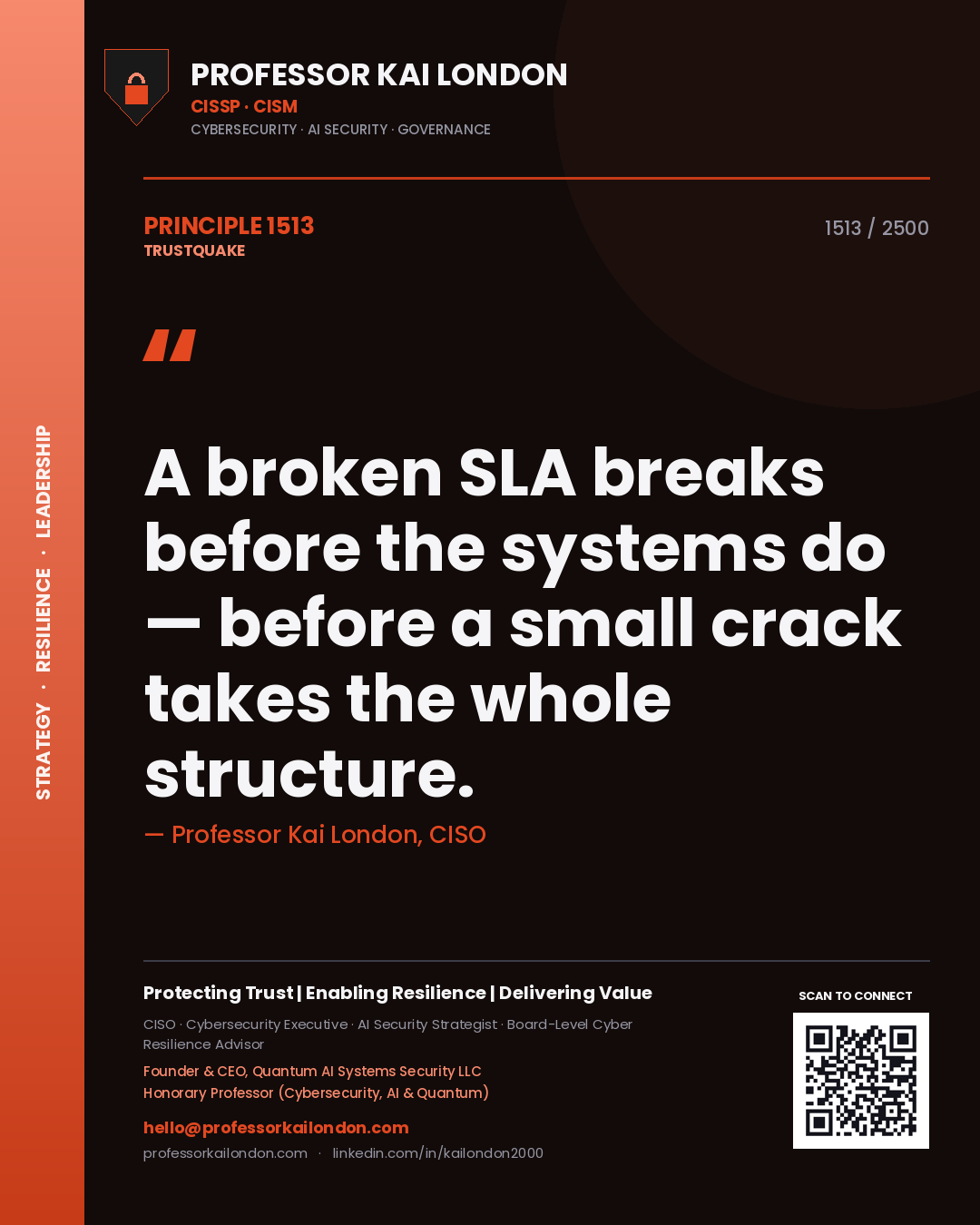 Quote card by Professor Kai London reading 'A broken SLA breaks before the systems do — before a small crack takes the whole structure.'. From the book Trustquake.
