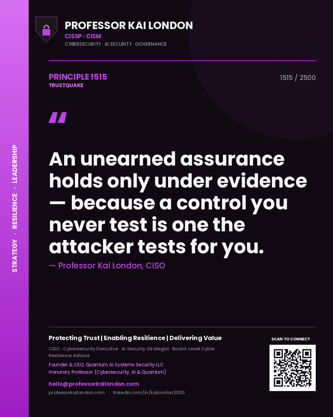 Quote card by Professor Kai London reading 'An unearned assurance holds only under evidence — because a control you never test is one the attacker tests for you.'. From the book Trustquake.