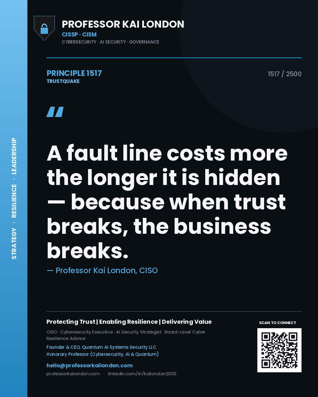 Quote card by Professor Kai London reading 'A fault line costs more the longer it is hidden — because when trust breaks, the business breaks.'. From the book Trustquake.