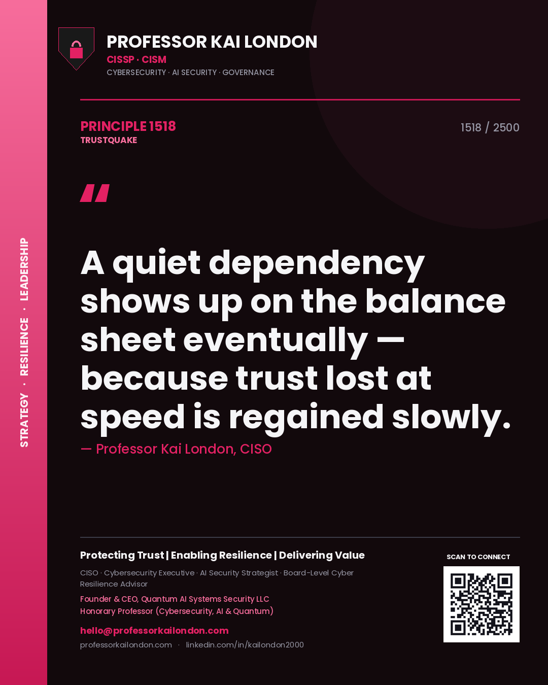 Professor Kai London principle 1518: A quiet dependency shows up on the balance sheet eventually — because trust lost at speed is regained slowly.