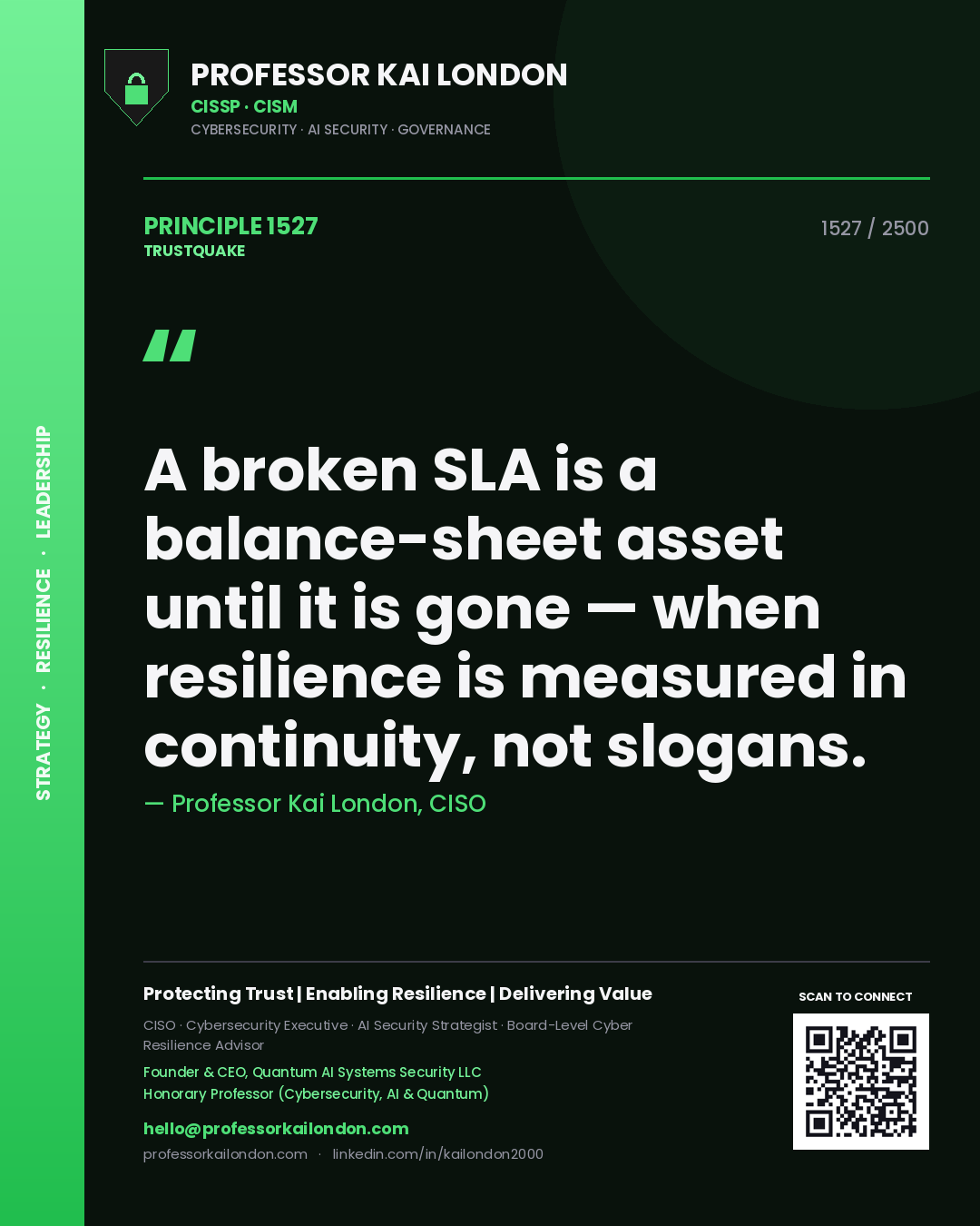 Quote card by Professor Kai London reading 'A broken SLA is a balance-sheet asset until it is gone — when resilience is measured in continuity, not slogans.'. From the book Trustquake.