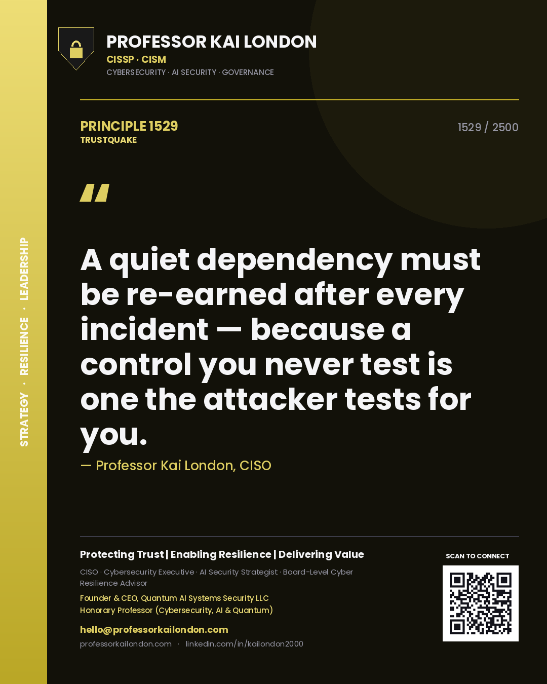 Quote card by Professor Kai London reading 'A quiet dependency must be re-earned after every incident — because a control you never test is one the attacker tests for you.'. From the book Trustquake.