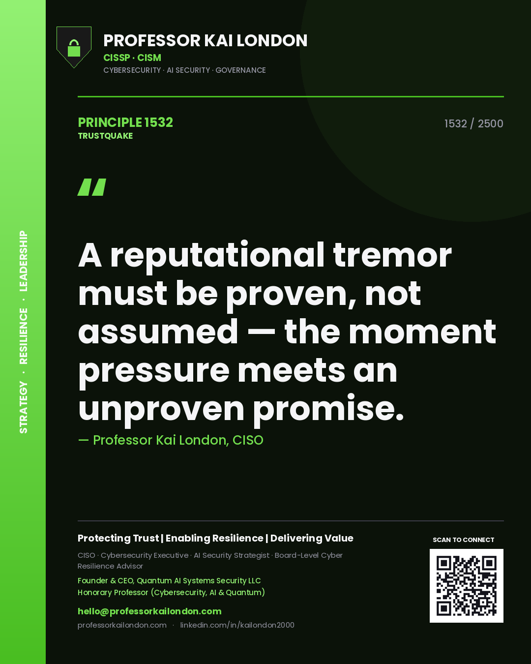 Professor Kai London principle 1532: A reputational tremor must be proven, not assumed — the moment pressure meets an unproven promise.