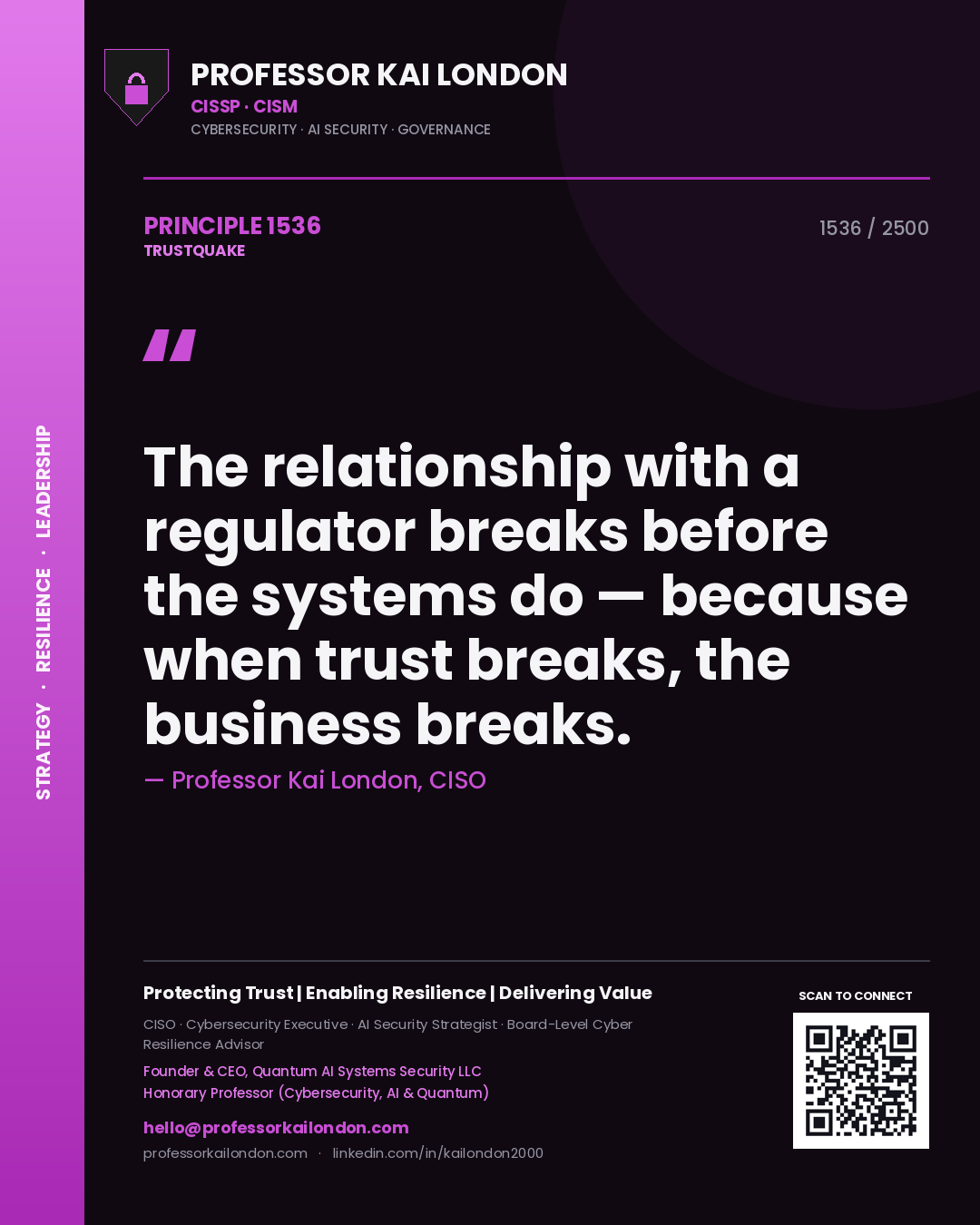 Quote card by Professor Kai London reading 'The relationship with a regulator breaks before the systems do — because when trust breaks, the business breaks.'. From the book Trustquake.