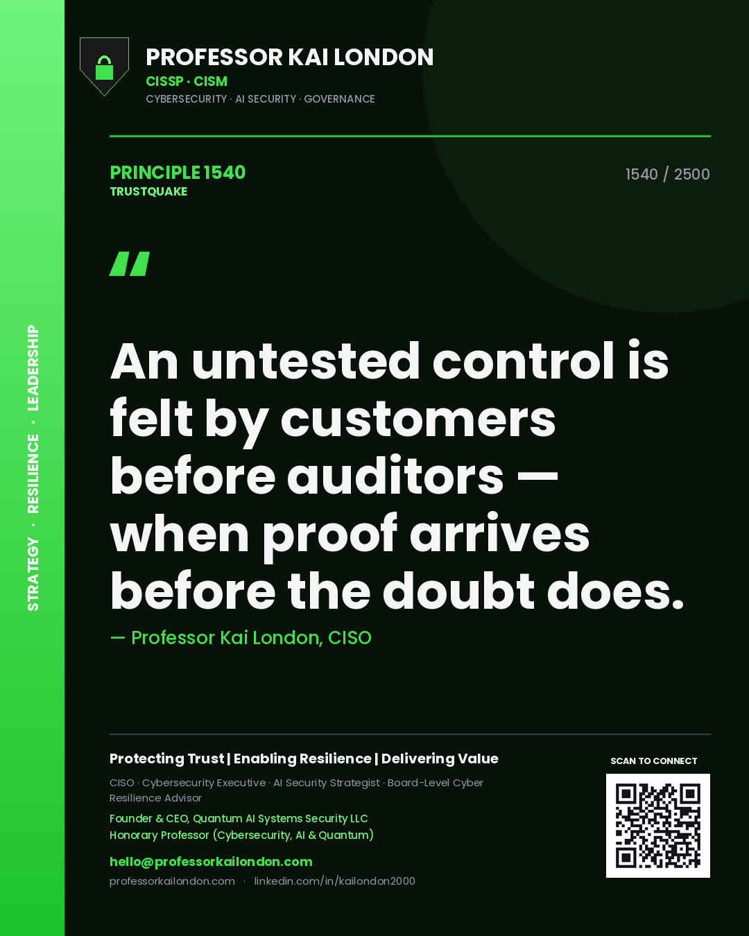 Quote card by Professor Kai London reading 'An untested control is felt by customers before auditors — when proof arrives before the doubt does.'. From the book Trustquake.
