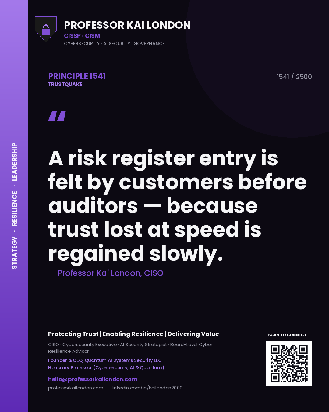 Professor Kai London principle 1541: A risk register entry is felt by customers before auditors — because trust lost at speed is regained slowly.