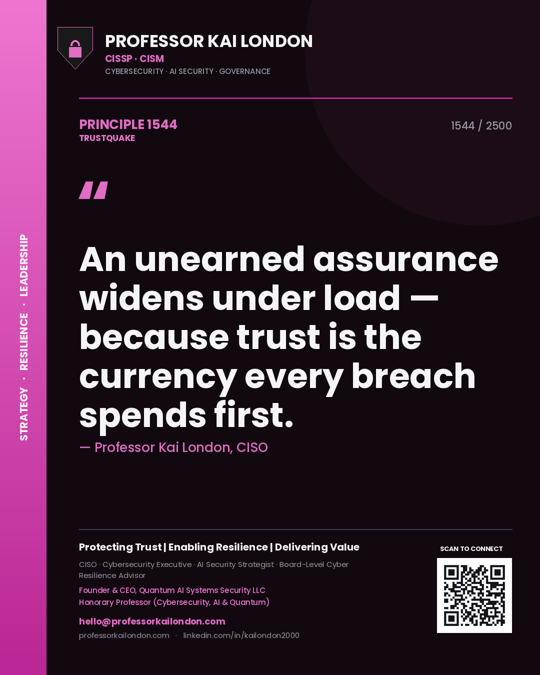 Professor Kai London principle 1544: An unearned assurance widens under load — because trust is the currency every breach spends first.