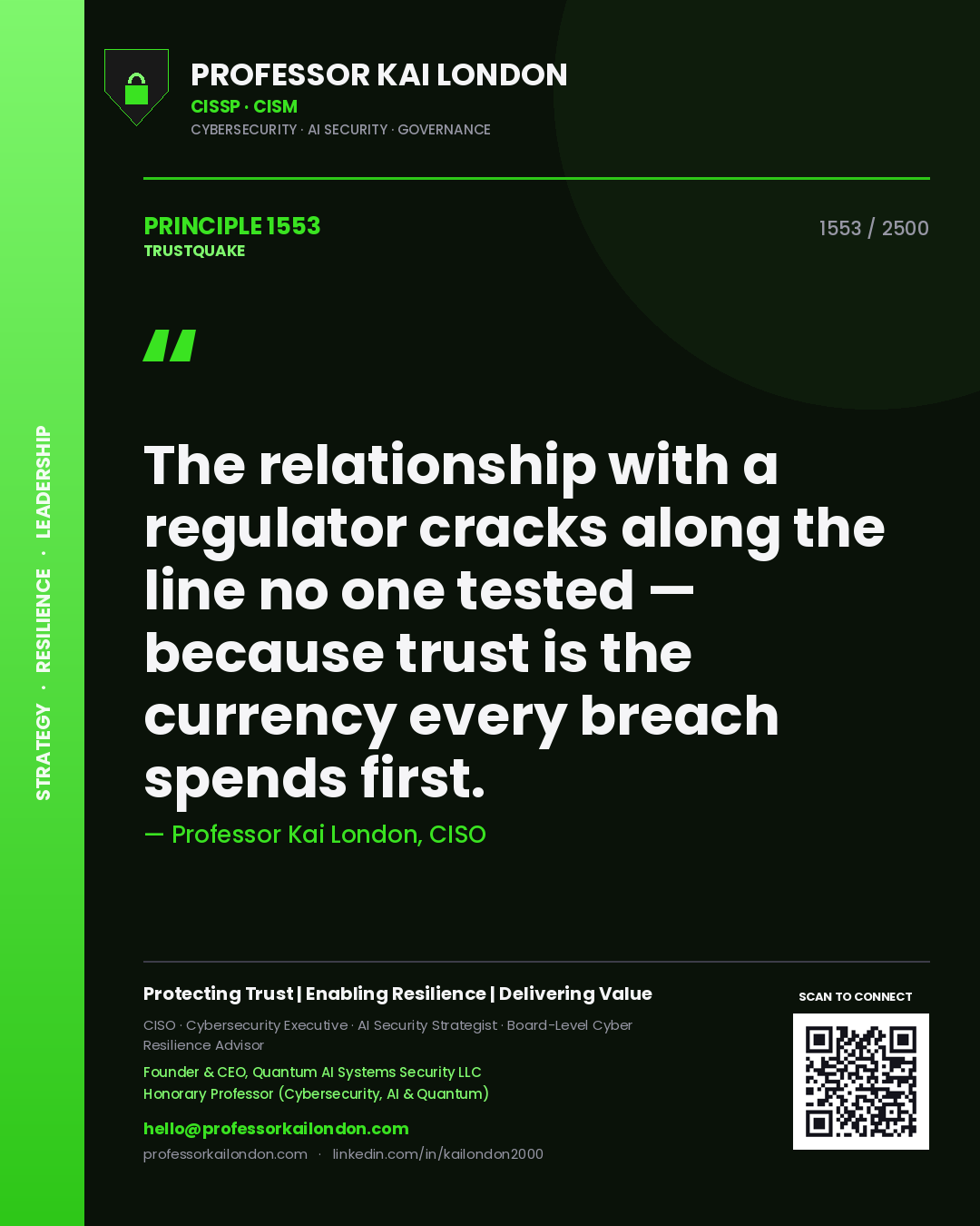 Professor Kai London principle 1553: The relationship with a regulator cracks along the line no one tested — because trust is the currency every breach spends first.