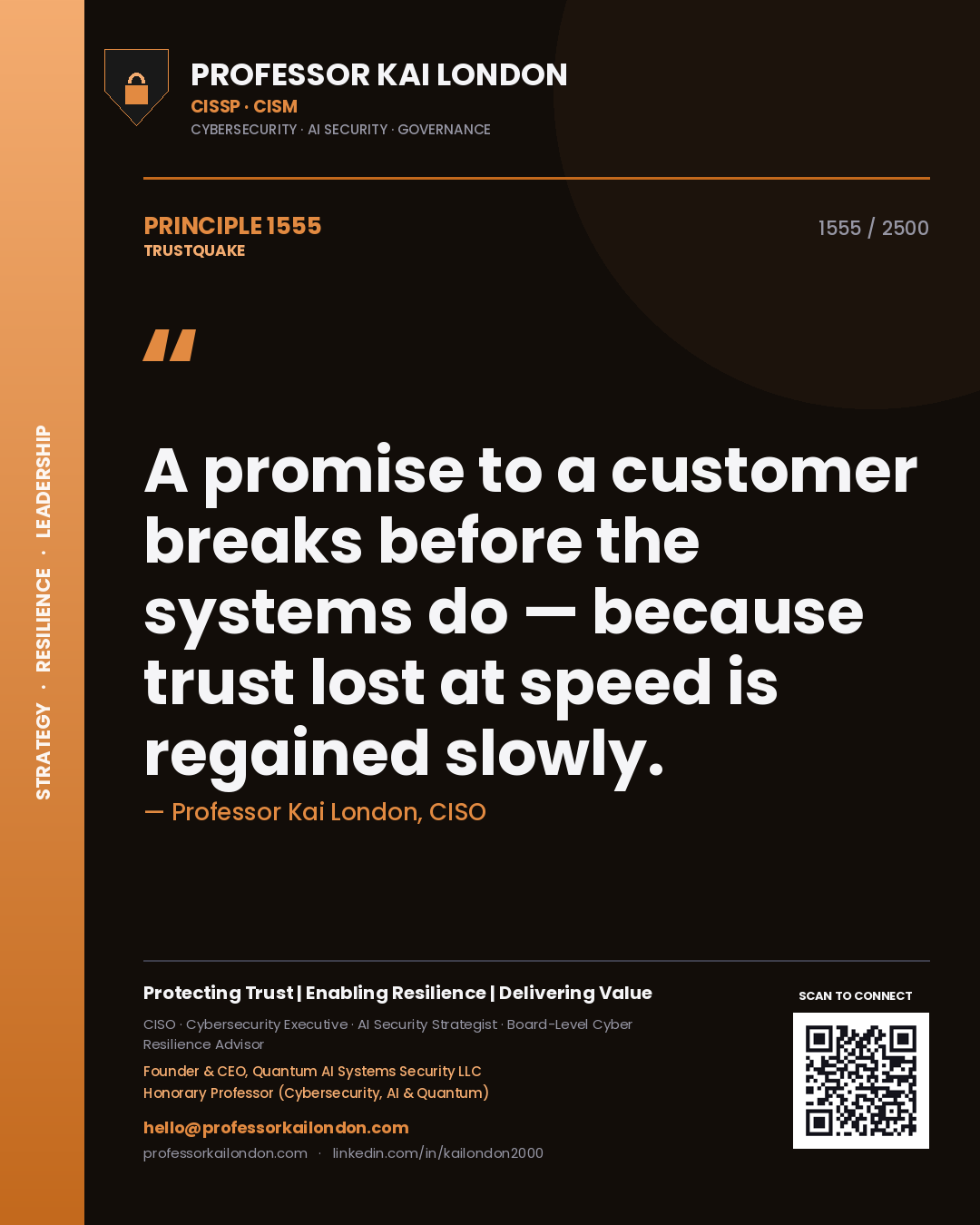 Quote card by Professor Kai London reading 'A promise to a customer breaks before the systems do — because trust lost at speed is regained slowly.'. From the book Trustquake.