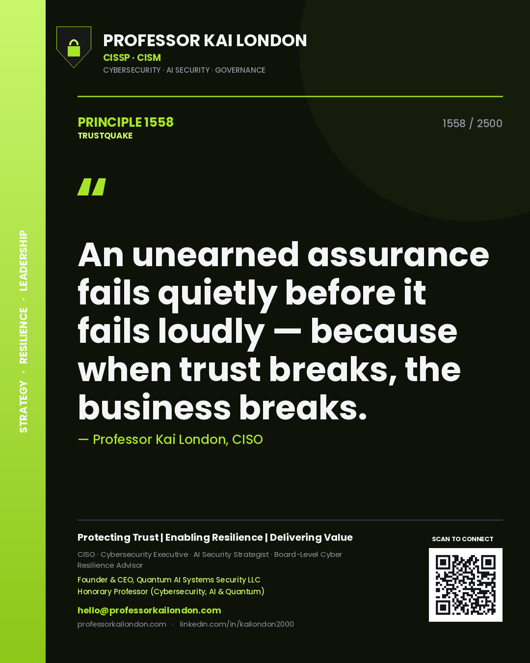 Professor Kai London principle 1558: An unearned assurance fails quietly before it fails loudly — because when trust breaks, the business breaks.