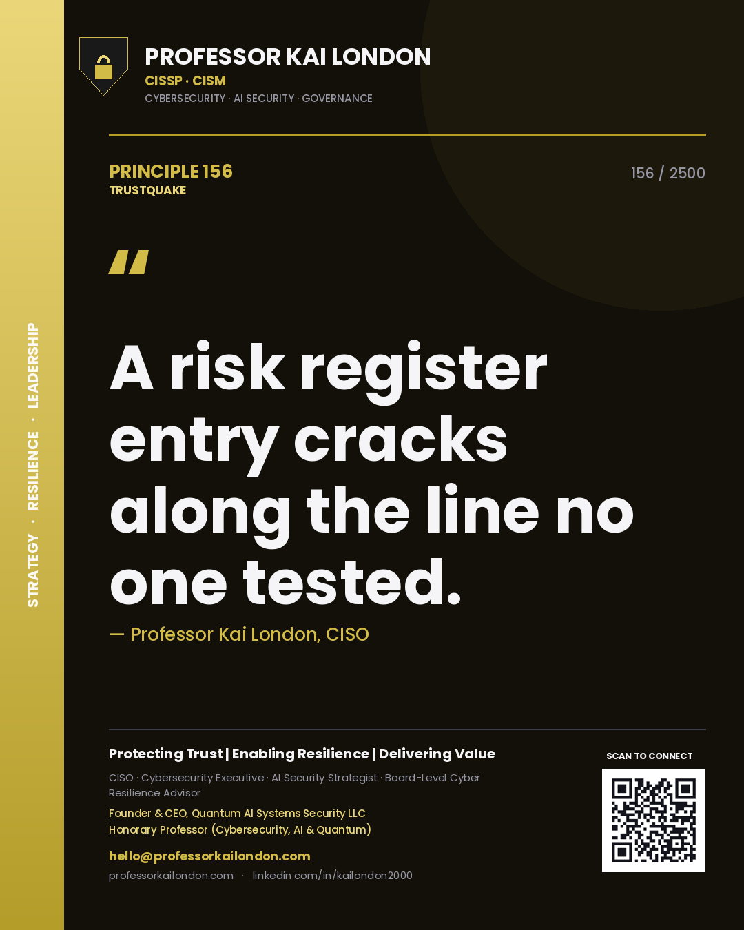 Professor Kai London principle 156: A risk register entry cracks along the line no one tested.