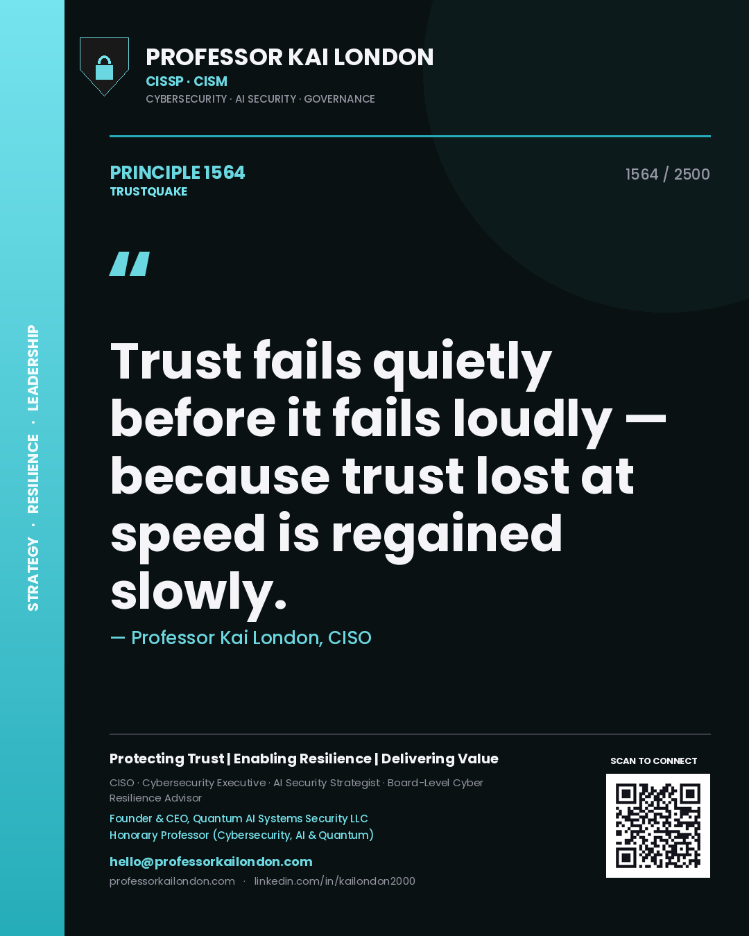 Professor Kai London principle 1564: Trust fails quietly before it fails loudly — because trust lost at speed is regained slowly.