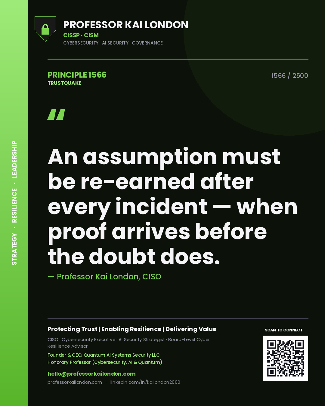 Quote card by Professor Kai London reading 'An assumption must be re-earned after every incident — when proof arrives before the doubt does.'. From the book Trustquake.