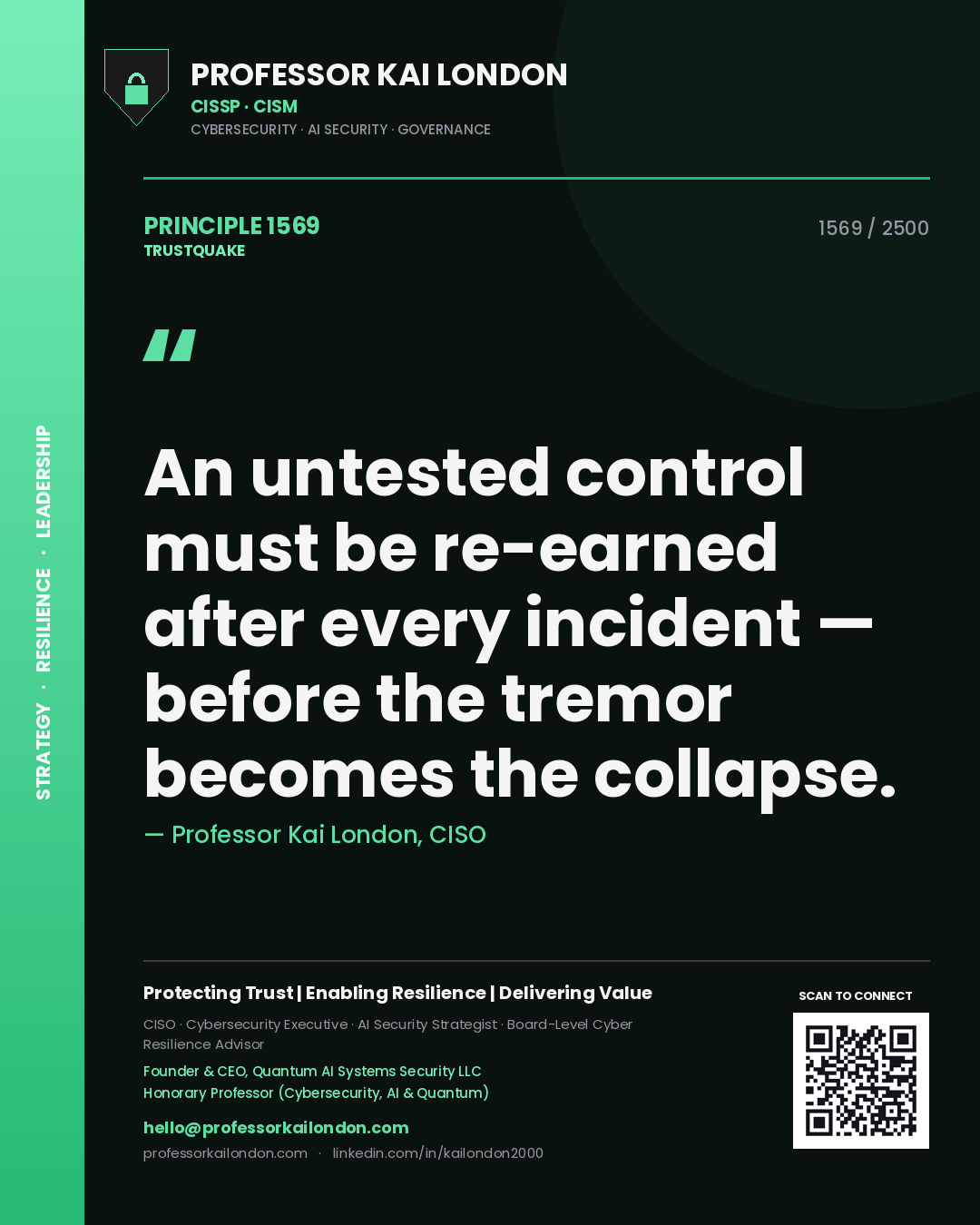 Quote card by Professor Kai London reading 'An untested control must be re-earned after every incident — before the tremor becomes the collapse.'. From the book Trustquake.